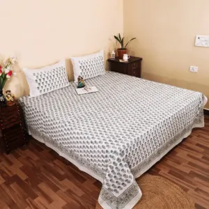 Sage paisley hand block bedsheet 95x108 wholesale Jaipur – Sage Keri Jaal hand block printed double bedsheet 95x108 with 2 pillow covers – sage and grey – Jaipur wholesale