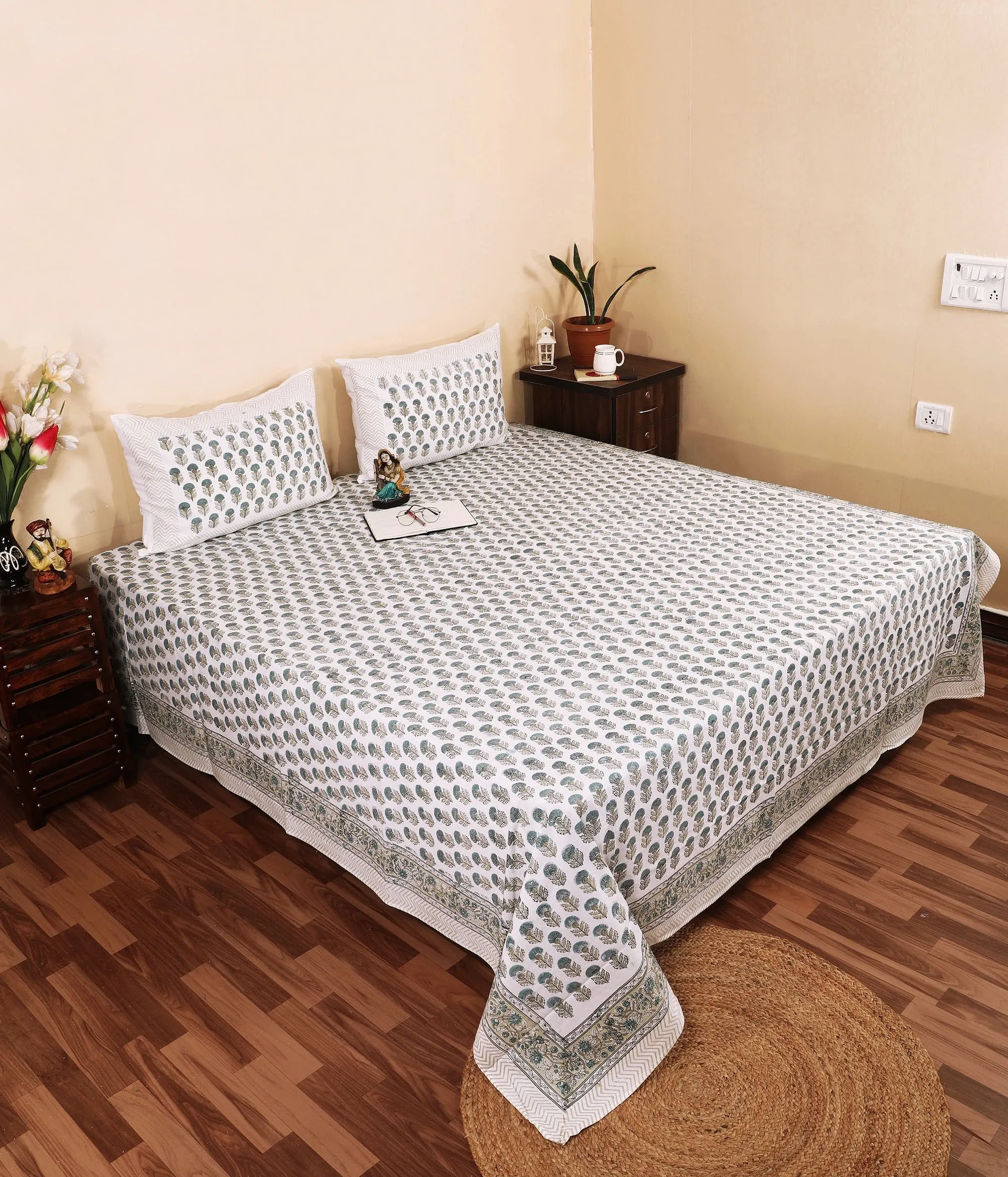 Sage paisley hand block bedsheet 95x108 wholesale Jaipur – Sage Keri Jaal hand block printed double bedsheet 95x108 with 2 pillow covers – sage and grey – Jaipur wholesale