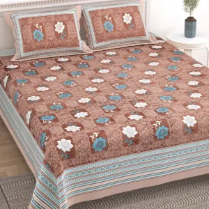 Peach floral double bedsheet 90x108 wholesale Jaipur β Peach Lotus Floral printed cotton double bedsheet 90x108 wholesale Jaipur β Rangeela collection
