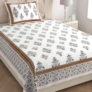 Brown mughal single bedsheet 60x90 wholesale Jaipur – Brown Border Mughal Booti single bed cotton bedsheet 60x90 with pillow cover – brown – Jaipur wholesale