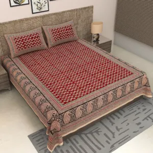 Red jaal sanganeri double bedsheet 90x108 wholesale Jaipur – Red Chowkdi Jaal double bedsheet 90x108 wholesale Jaipur – Sanganer Heritage collection