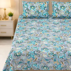 Grey jaal double bedsheet 100x108 wholesale Jaipur – Dhuan Firozi Phool Jaal premium cotton double bedsheet 100x108 with 2 pillow covers – grey and aqua – Jaipur wholesale