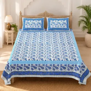 Shahi Neela Phool Jaal pure cotton double bedsheet 90x108 wholesale Jaipur