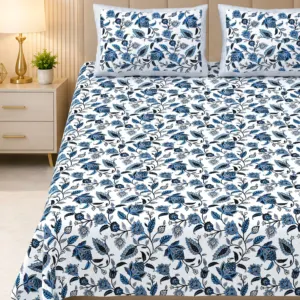 Blue jaal double bedsheet 100x108 wholesale Jaipur – Neel Phool Jaal premium cotton double bedsheet 100x108 with 2 pillow covers – indigo blue – Jaipur wholesale