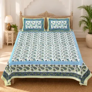 Mor Firozi Phool Jaal pure cotton double bedsheet 90x108 wholesale Jaipur