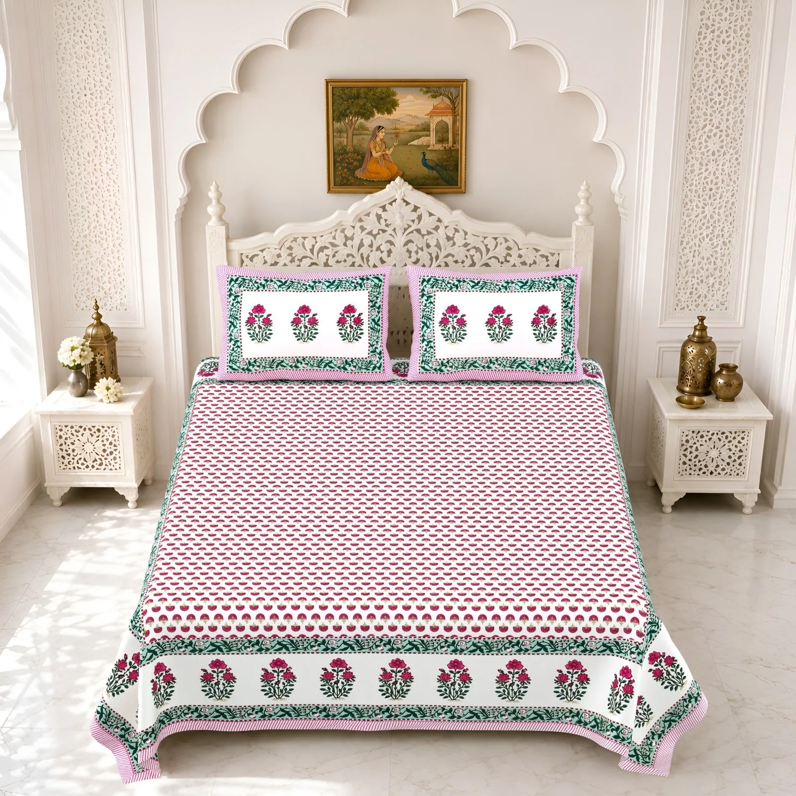 Pink tulip double bedsheet 90x108 wholesale Jaipur – Pink Tulip Border double bedsheet 90x108 wholesale Jaipur – Gulmohar collection