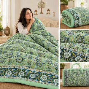 Mint Green Floral Jaipuri razai wholesale Jaipur – Mint Green Floral mulmul cotton quilt, reversible – Jal Mahal collection