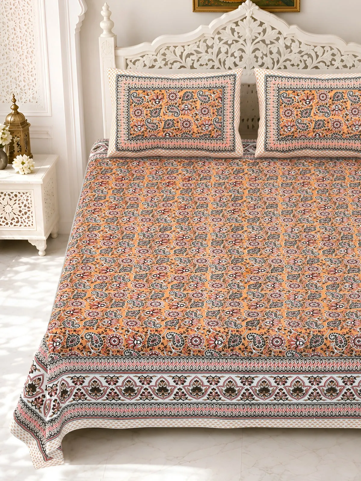 Peach Floral Jaal double bedsheet 90x108 wholesale Jaipur – Gulmohar collection – view 2