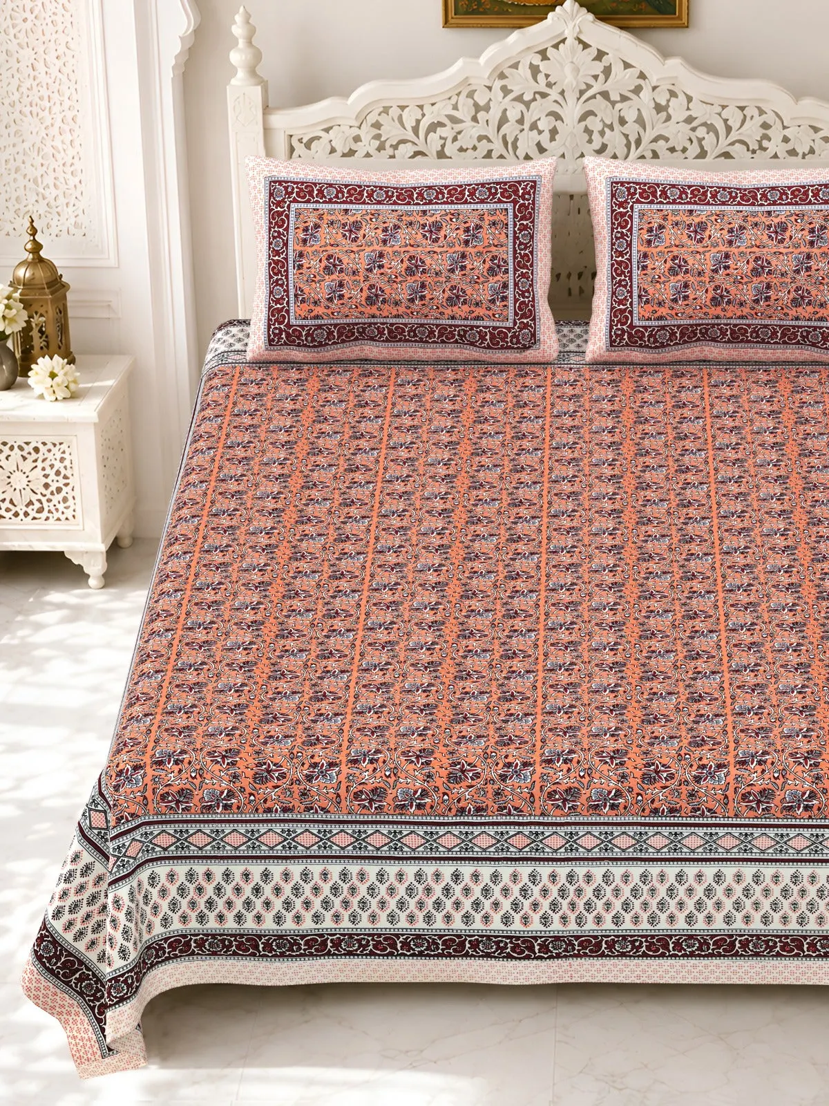 Rust Floral Border double bedsheet 90x108 wholesale Jaipur – Gulmohar collection – view 2
