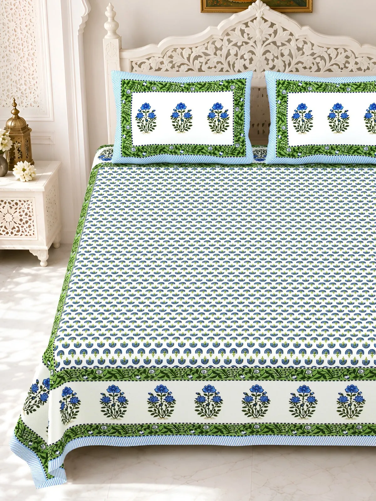Green Tulip Border double bedsheet 90x108 wholesale Jaipur – Gulmohar collection – view 2