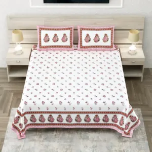 Pink paisley king size bedsheet 108x108 wholesale Jaipur – Pink Buti Kairi Border king size bedsheet 108x108 wholesale Jaipur – Sheesh Mahal collection