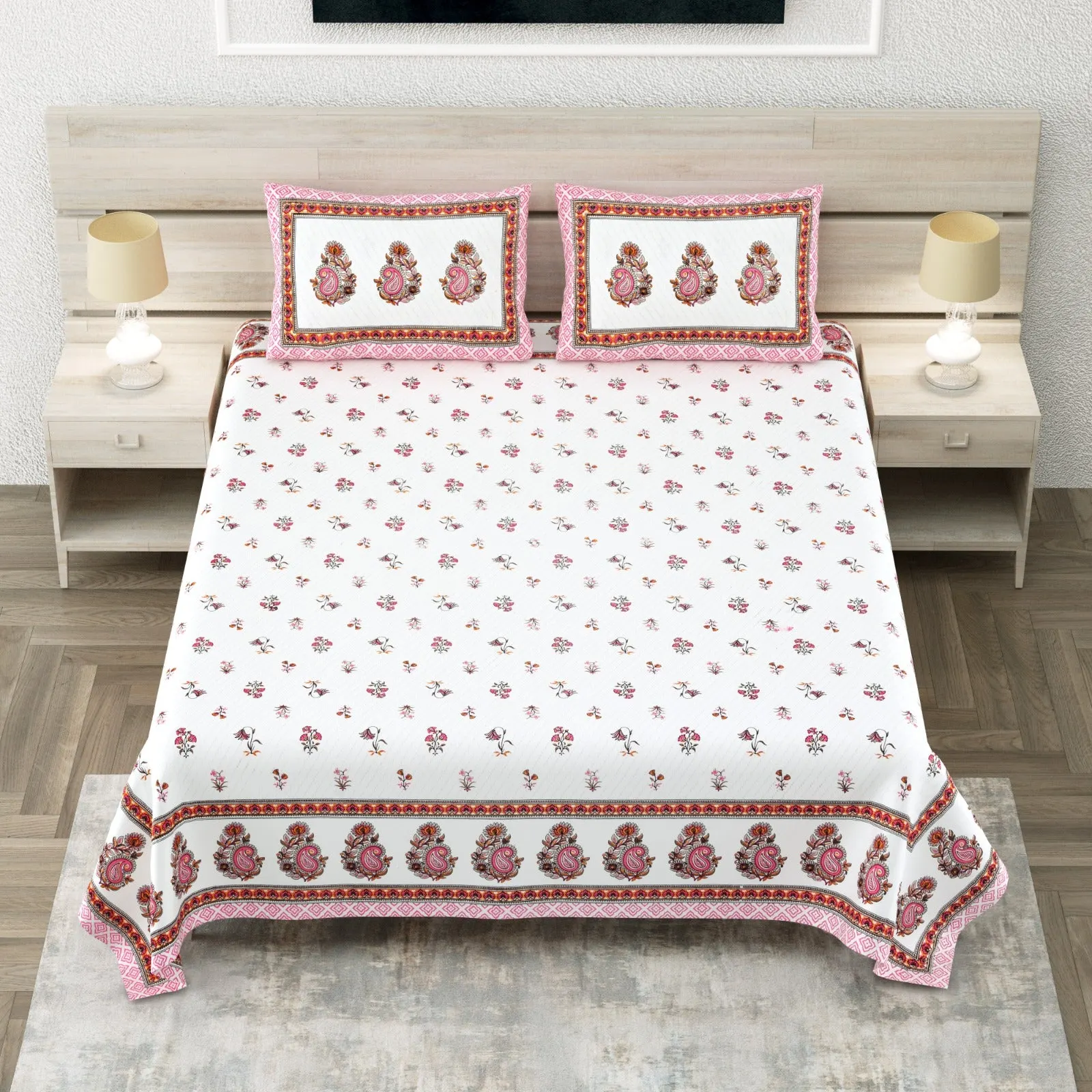 Pink paisley king size bedsheet 108x108 wholesale Jaipur – Pink Buti Kairi Border king size bedsheet 108x108 wholesale Jaipur – Sheesh Mahal collection