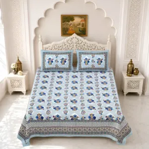 Blue Floral Buta Cotton Double Bedsheet 90x108 with 2 Pillow Covers (Gulmohar)