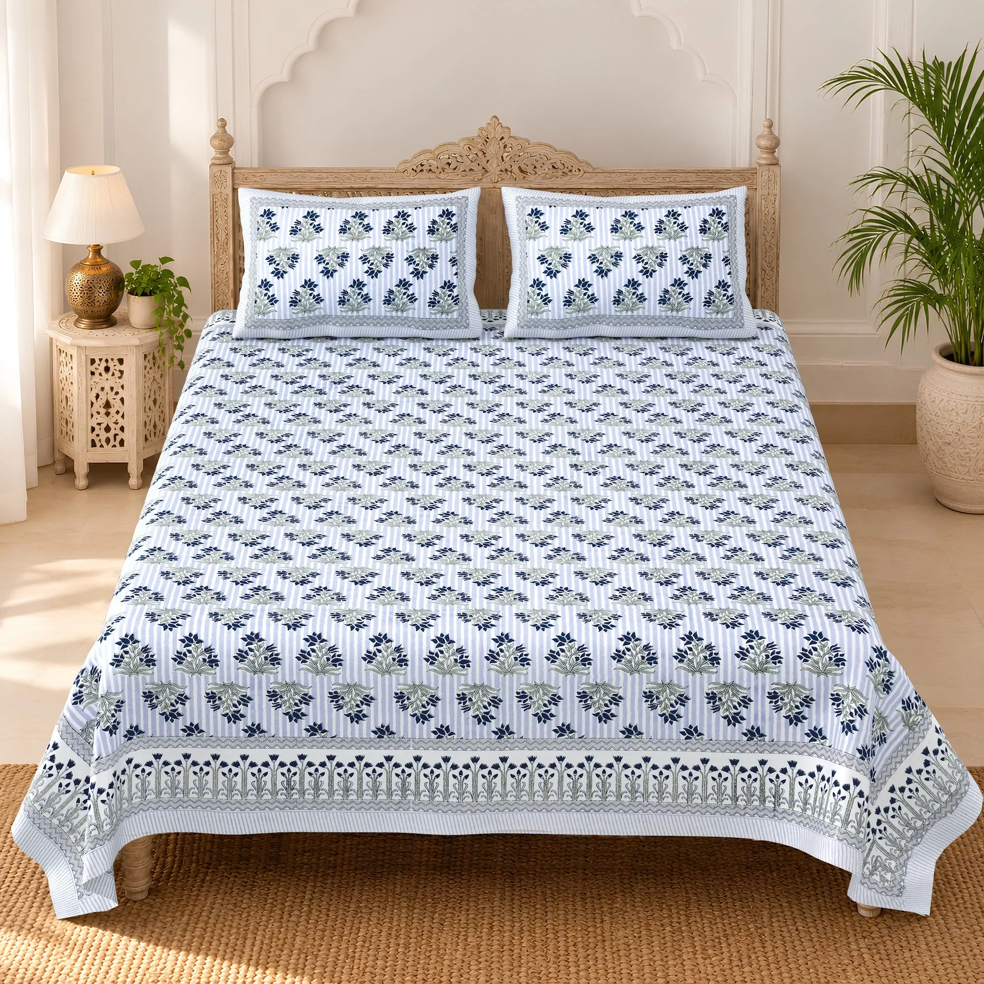 Halka Neela Chhota Buta pure cotton double bedsheet 90x108 wholesale Jaipur