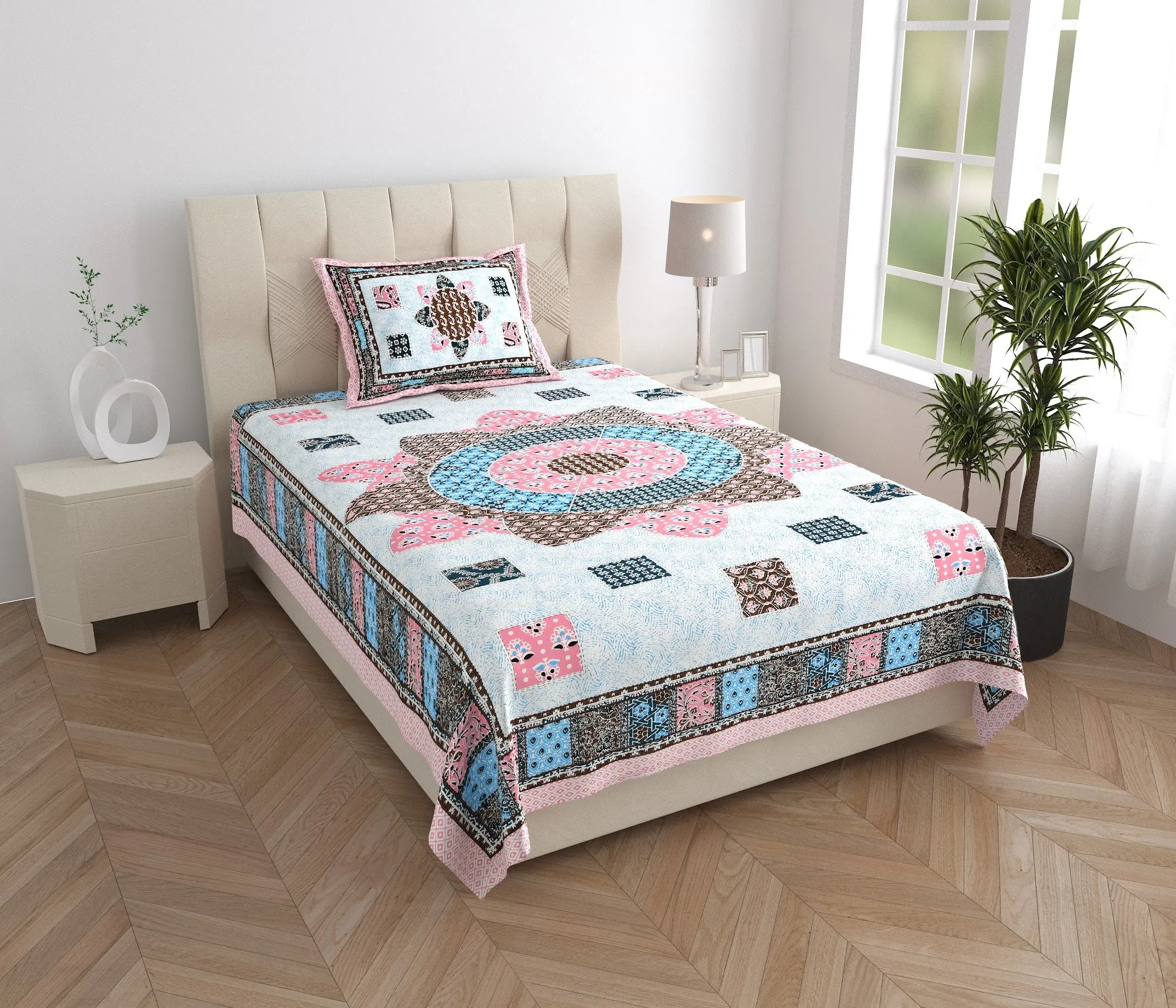 Rose Patchwork Mandala single bed cotton bedsheet 60x90 with pillow cover – rose – Jaipur wholesale – image 5