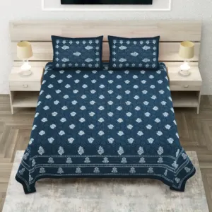 Indigo Floral Buta Sanganeri Print Pure Cotton Double Bedsheet 90x108 (Sanganer Heritage)
