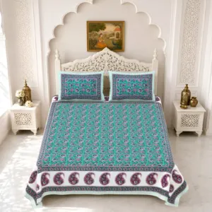 Aqua paisley double bedsheet 90x108 wholesale Jaipur – Aqua Paisley Border double bedsheet 90x108 wholesale Jaipur – Gulmohar collection