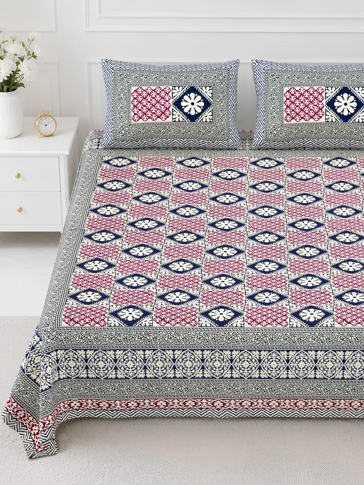 Pink Diamond Medallion printed cotton double bedsheet 90x108 wholesale Jaipur – Rangeela collection – view 2