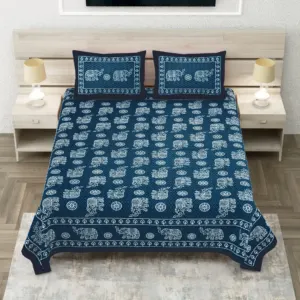 Indigo Elephant Haathi Sanganeri Print Pure Cotton Double Bedsheet 90x108 (Sanganer Heritage)