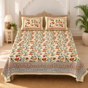Kreem Gulzar Phool pure cotton double bedsheet 90x108 wholesale Jaipur
