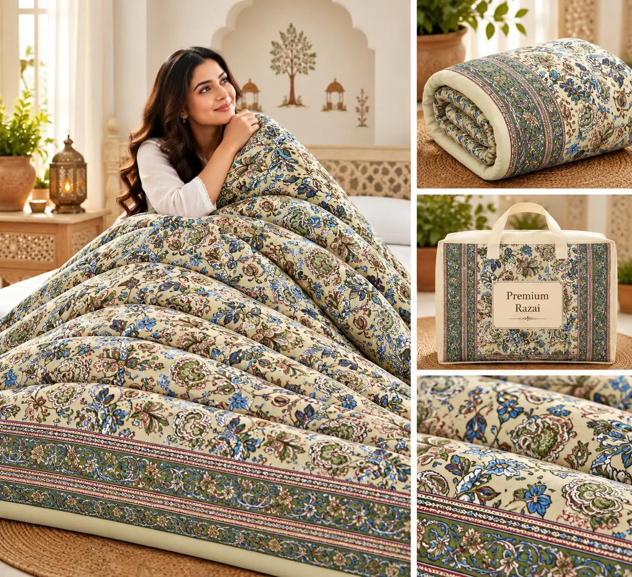 Sage Grey Floral Jaipuri razai wholesale Jaipur – Sage Grey Floral mulmul cotton quilt, reversible – Jal Mahal collection