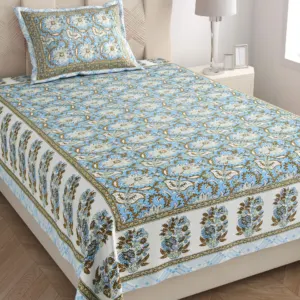 Sage jaal single bedsheet 60x90 wholesale Jaipur – Sage Blue Phool Jaal single bed cotton bedsheet 60x90 with pillow cover – sage and blue – Jaipur wholesale