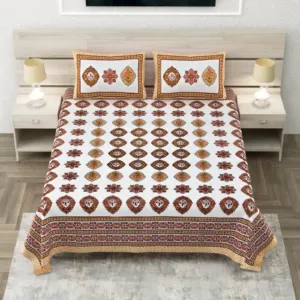 Brown Geometric Medallion Super King Cotton Bedsheet 108x108 with 2 Pillow Covers (Sheesh Mahal)