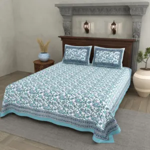 Aqua Floral Jaal cotton double bedsheet 90x108 wholesale Jaipur – Jheel Blue collection