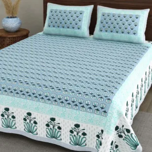 Aqua Flower Pot Border cotton double bedsheet 90x108 wholesale Jaipur – Jheel Blue collection
