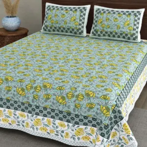 Aqua Lemon Floral cotton double bedsheet 90x108 wholesale Jaipur – Jheel Blue collection