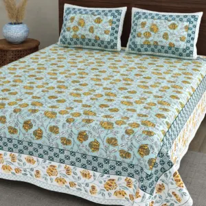 Aqua Marigold cotton double bedsheet 90x108 wholesale Jaipur – Jheel Blue collection