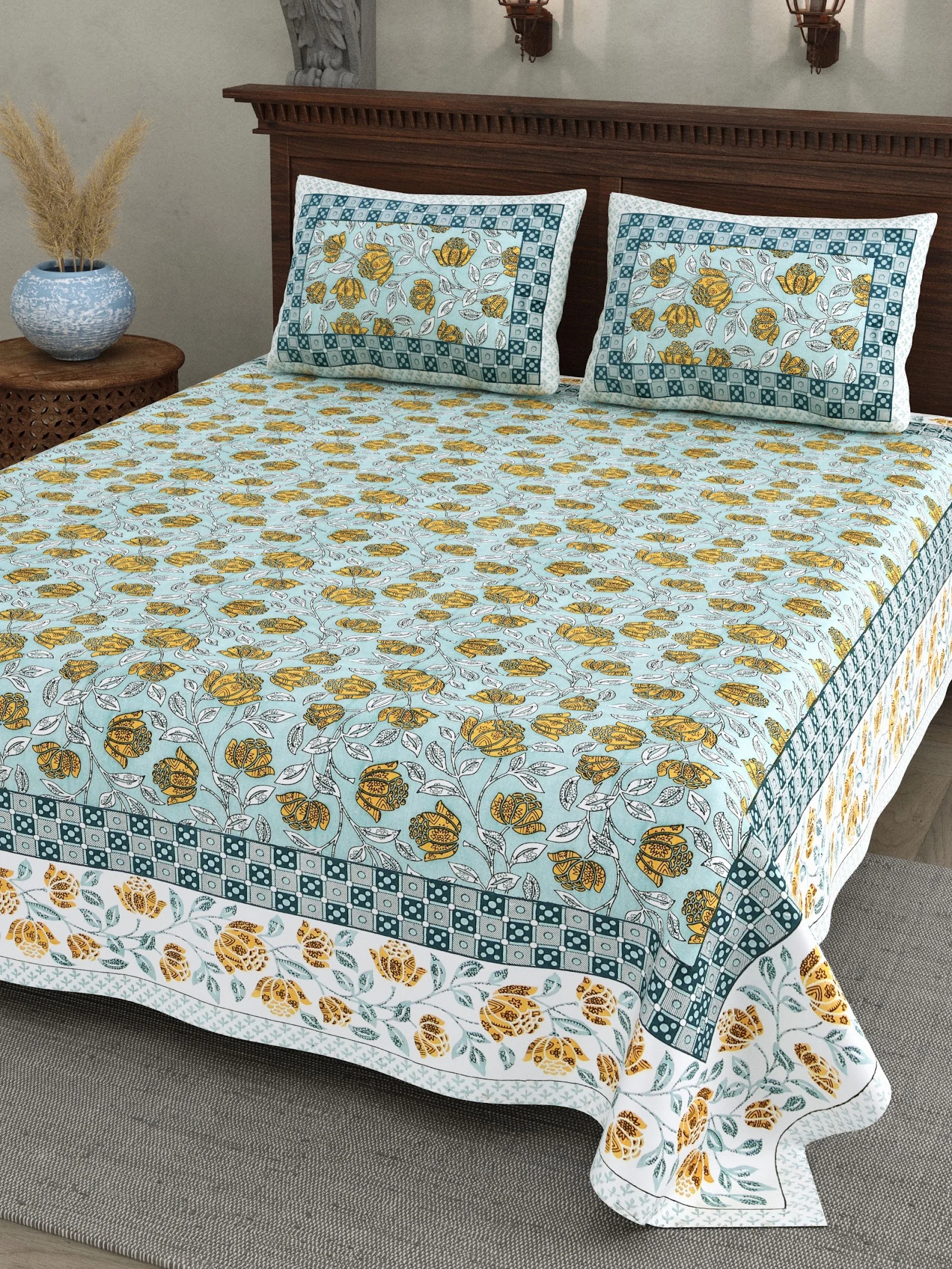 Aqua Marigold cotton double bedsheet 90x108 wholesale Jaipur – Jheel Blue collection