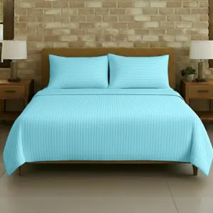 Aqua Plain Cotton Satin Stripe Double Bedsheet 93x108 with 2 Pillow Covers (Shahi Satin Double)