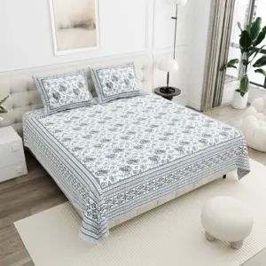 Ash Grey Floral cotton double bedsheet 90x108 wholesale Jaipur – Mehrangarh collection