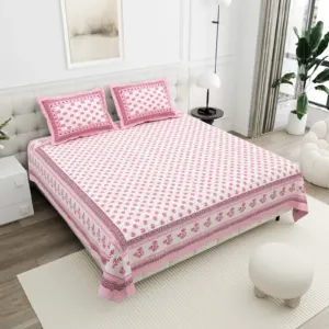 Baby Pink Buta cotton double bedsheet 90x108 wholesale Jaipur – Gulab Bagh collection