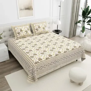 Beige Medallion cotton double bedsheet 90x108 wholesale Jaipur – Mehrangarh collection