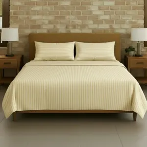 Beige Plain Cotton Satin Stripe Double Bedsheet 93x108 with 2 Pillow Covers (Shahi Satin Double)