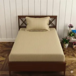 Beige Plain Cotton Satin Stripe Single Bedsheet 63x90 with 1 Pillow Cover (Shahi Satin Single)