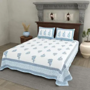 Blue Big Buta cotton double bedsheet 90x108 wholesale Jaipur – Shwet Buta collection