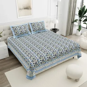 Blue Grey Stripe Floral cotton double bedsheet 90x108 wholesale Jaipur – Jheel Blue collection