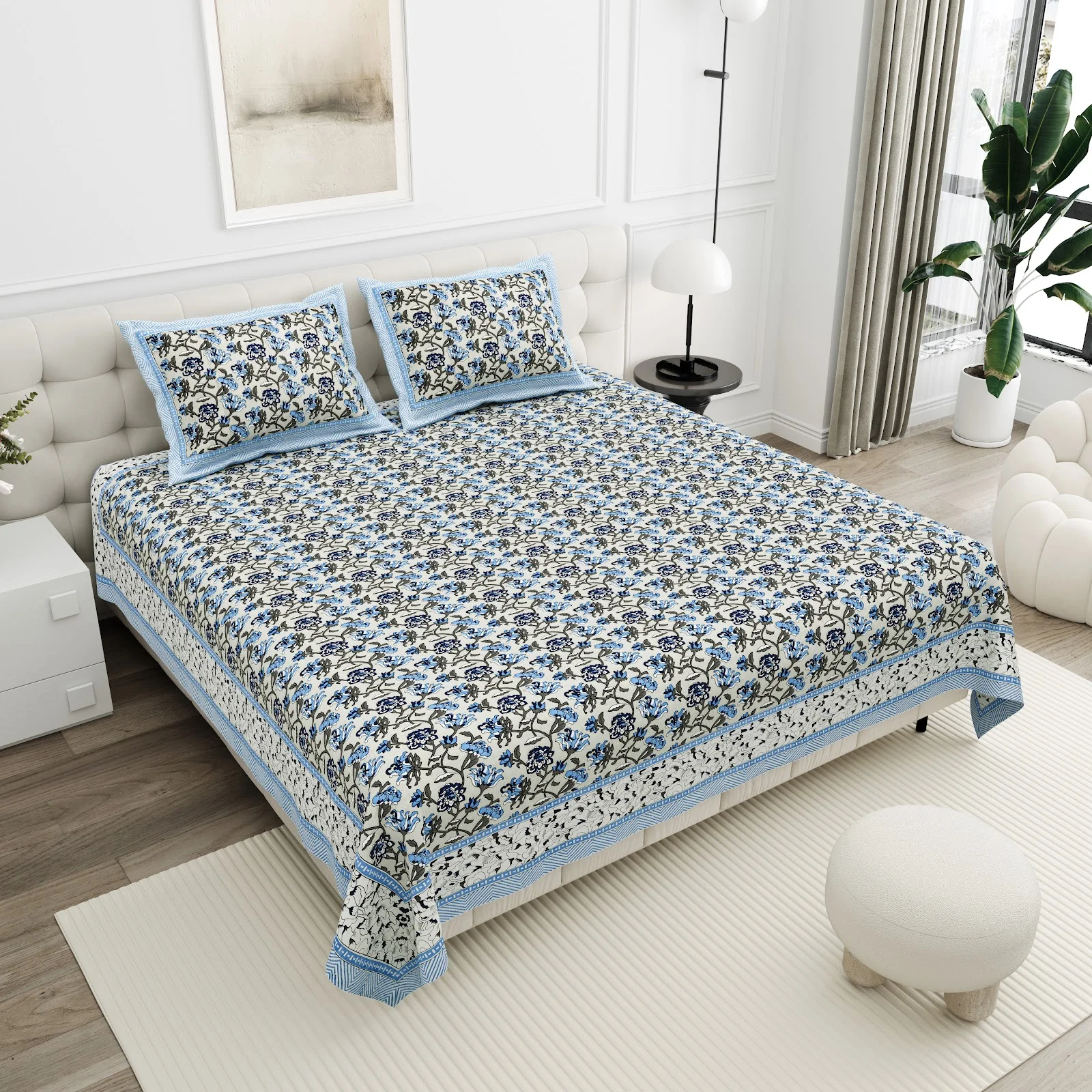 Blue Grey Stripe Floral cotton double bedsheet 90x108 wholesale Jaipur – Jheel Blue collection