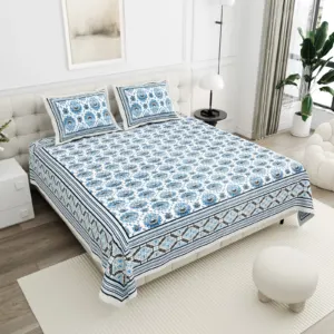 Blue Medallion Floral cotton double bedsheet 90x108 wholesale Jaipur – Jheel Blue collection