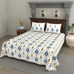 Blue Mustard Ogee cotton double bedsheet 90x108 wholesale Jaipur – Shwet Buta collection