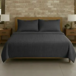 Charcoal grey satin stripe double bedsheet 93x108 wholesale Jaipur – plain cotton satin stripe sheet with 2 pillow covers – Shahi Satin Double collection