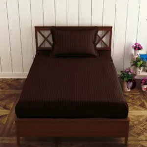 Coffee Brown Plain Cotton Satin Stripe Single Bedsheet 63x90 with 1 Pillow Cover (Shahi Satin Single)