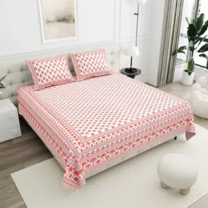 Coral Orange Buta cotton double bedsheet 90x108 wholesale Jaipur – Sunehri collection