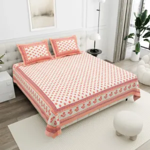 Coral Peach Buta cotton double bedsheet 90x108 wholesale Jaipur – Gulab Bagh collection