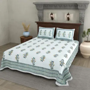 Green Big Buta cotton double bedsheet 90x108 wholesale Jaipur – Shwet Buta collection