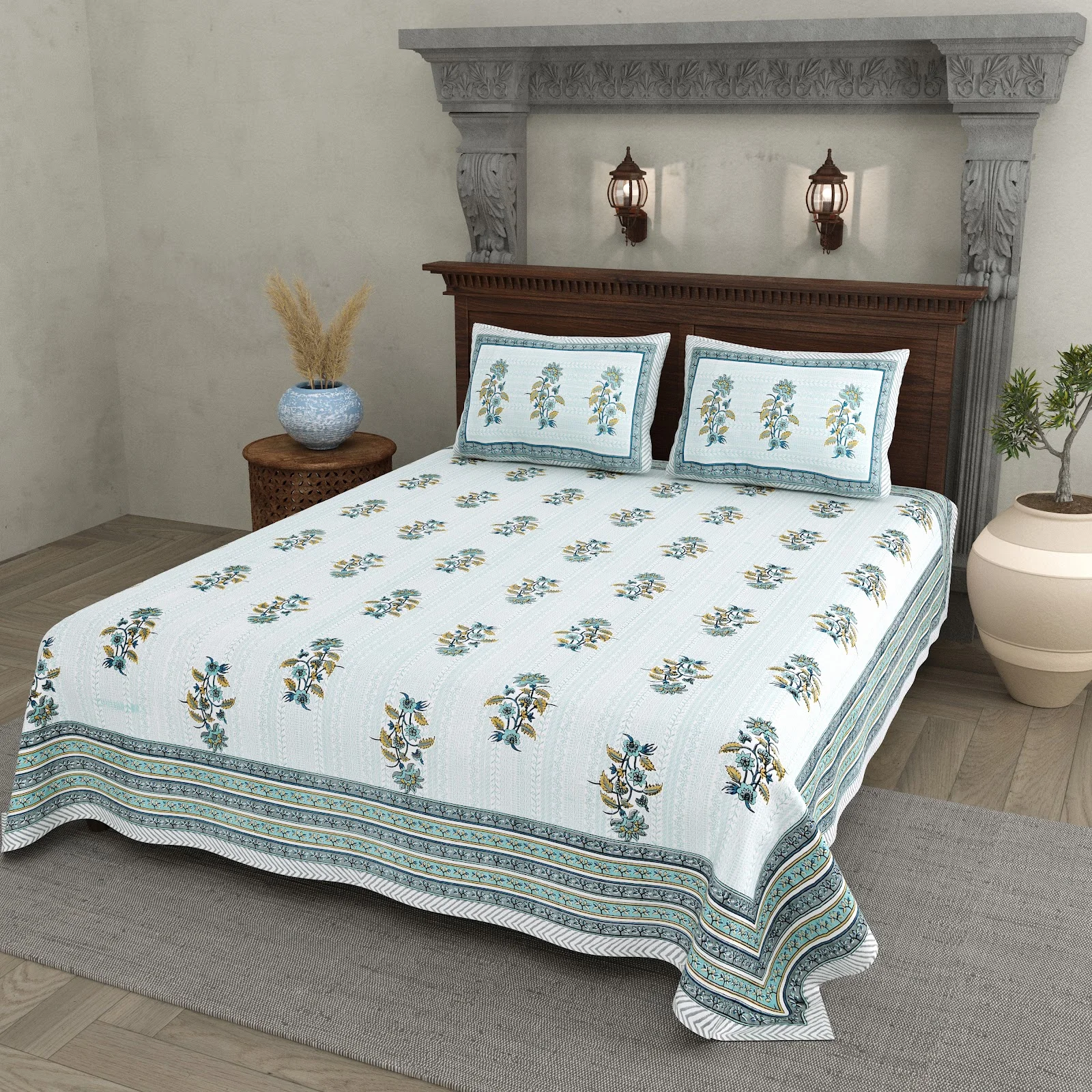 Green Big Buta cotton double bedsheet 90x108 wholesale Jaipur – Shwet Buta collection