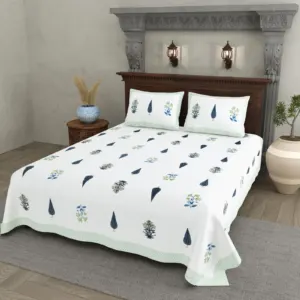 Green Scatter Buta cotton double bedsheet 90x108 wholesale Jaipur – Shwet Buta collection